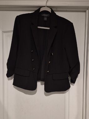 New York & Company Black Double-Breasted Cropped Blazer with Gold Buttons